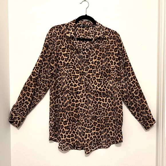 Zara Tops - Zara Leopard Print Blouse Top Long Sleeve Size L